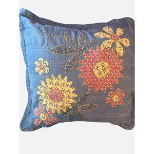 Vintage Floral Kantha Embroidered Pillow Sham Cotton Cushion Cover 18" X 18"